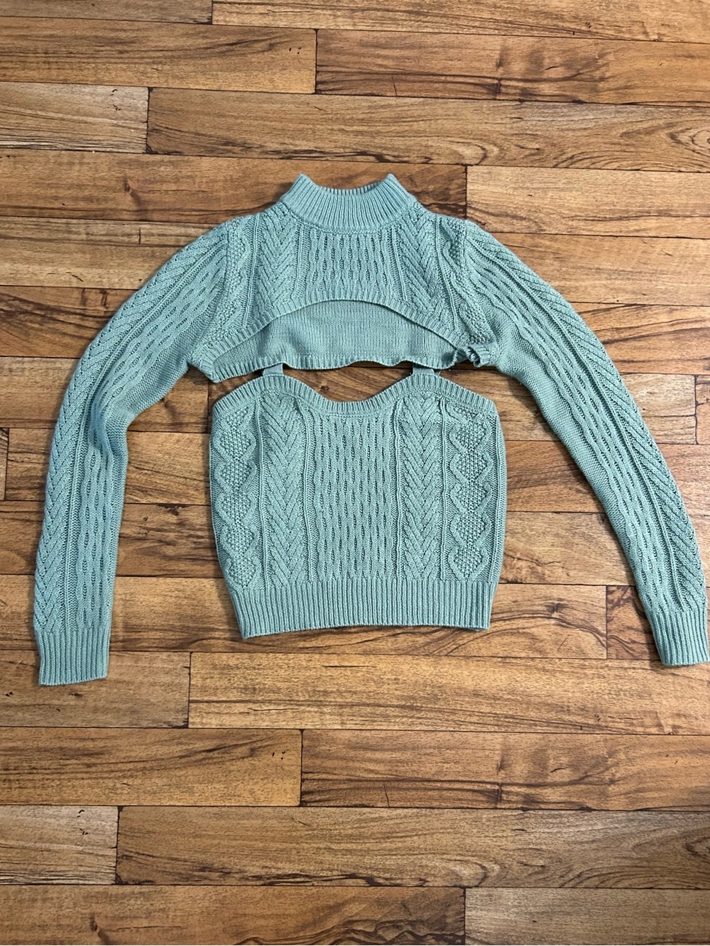 Almost Famous Mint Cable-Knit Two-Piece Off-the-Shoulder Sweater Set